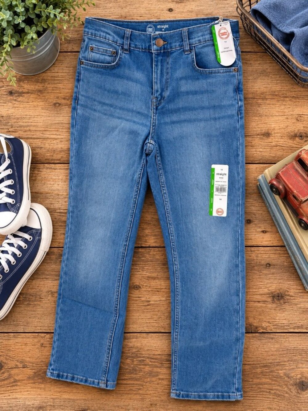 Wonder Nation Boys Jeans Size 14 Straight Stretch Reinforced Knee Light Wash New